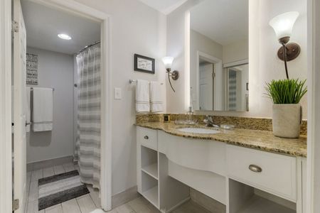 furnished bathroom with counter and shower in apartment home