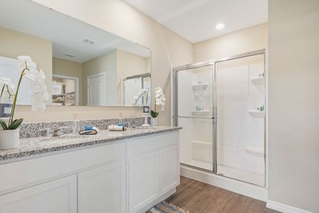 Bathroom with 2 sinks and large mirror, standing shower with glass door and built in shower shelving