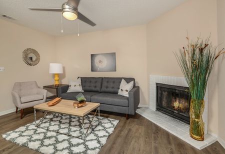 furnished living area with fireplace in apartment
