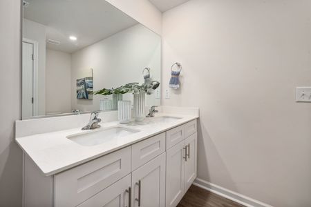 furnished bathroom with double sink in home