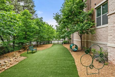 Outdoor pet park with grass and benches