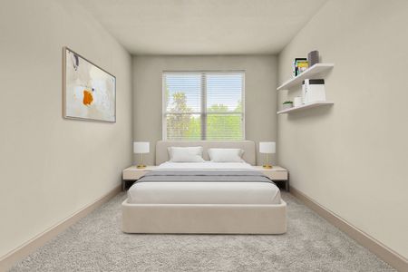 Virtually staged furnished guest bedroom with bed and dresser