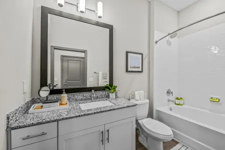 Luxury Apartments in Pinellas Park, FL - Rowan Pointe - Bathroom With Granite Countertops, Modern Fixtures, White Cabinetry, And Wood-Style Flooring