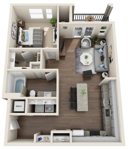 One Bedroom | 763 sqft | Full-Sized Washer/Dryer | Patio/Balcony | Walk-in Closet | Garden Tub
