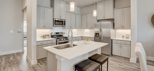 Kitchen with light grey cabinets and stainless steel applicances with kitchen island