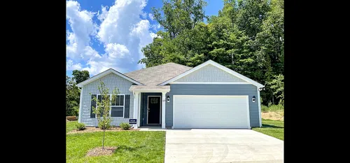 Beautiful single-story house with modern gray siding and a spacious front yard.