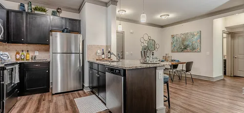 Kitchen with stainless steel appliances and hardwood style flooring
