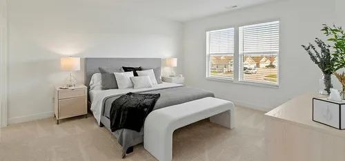 Primary bedroom with large bed and dresser