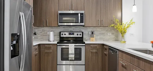 furnished kitchen and living area of apartment