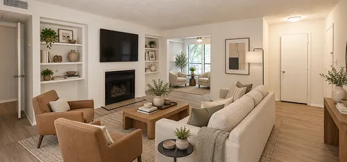 Elegant living room with modern furnishings, featuring cozy seating, a central fireplace, and abundant natural light from large windows.