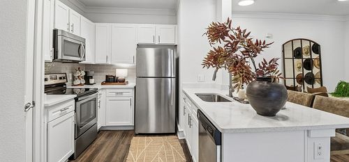 Chic modern kitchen with stainless steel appliances, elegant white cabinetry, and stylish decor, perfect for culinary creativity.
