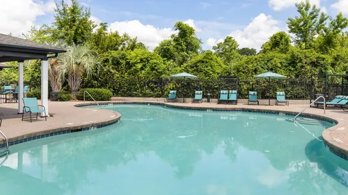 exterior pool with furniture and trees on sunny day