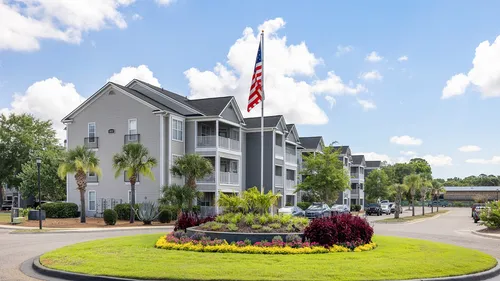 Exterior of homes with flag