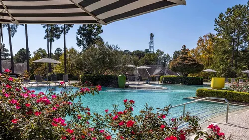 pool with flowers and lounge chairs and decor