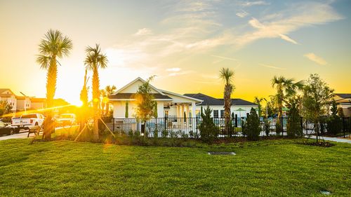 Charming suburban oasis with a modern home, lush green lawn, and scenic sunset views framed by palm trees.