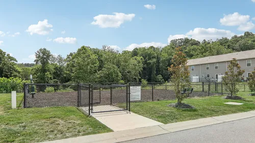 Charming community space featuring a lush green dog park with secure fencing, nestled amid scenic trees and modern townhouses.
