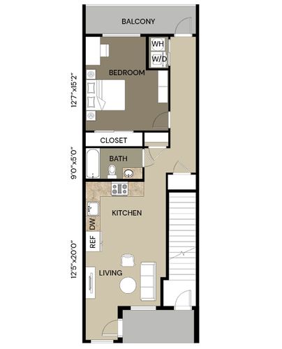 Modern floor plan with 1 bedroom, spacious living area, and a stylish kitchen, featuring a private balcony and full bath.