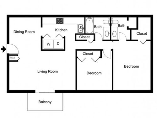 B2 Modern Renovation Floorplan: 2 Bedroom, 2 Bathroom, 1000sqft