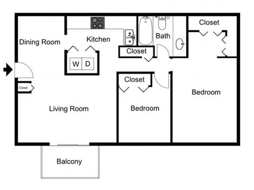 B1 Renovated Floorplan: 2 Bedroom, 1 Bathroom, 888sqft