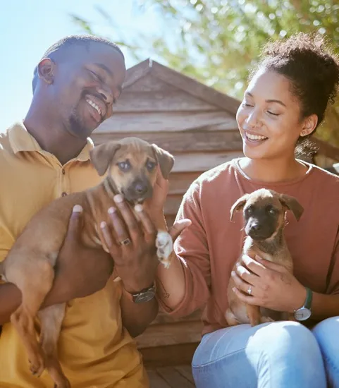 Couple holding puppies