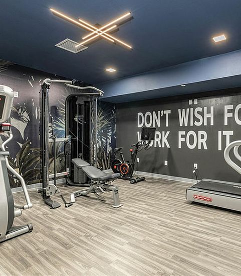 Contemporary home gym with modern fitness equipment and motivational wall art.