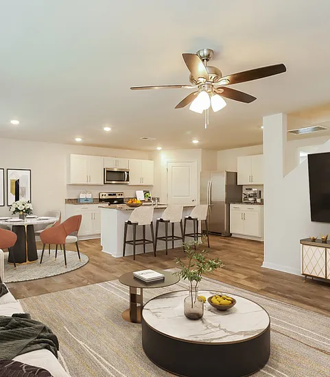 Rendering of living room and kitchen