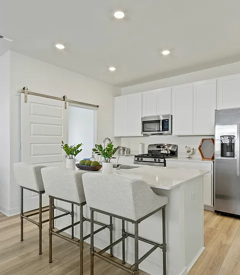 Furnished kitchen with white cabinets and barn door