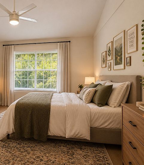 Cozy bedroom with modern decor, featuring a comfortable bed, stylish desk area, and large window with lush greenery views.