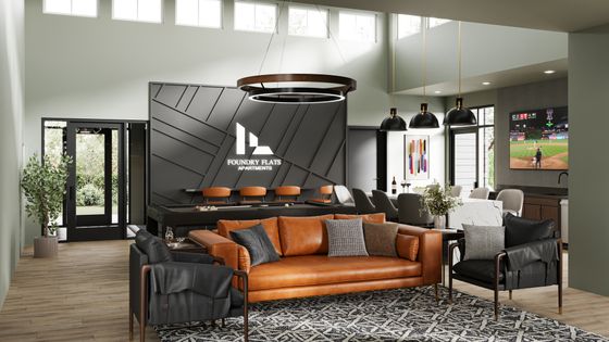 Modern luxury apartment lounge featuring a sleek leather sofa, stylish chairs, and an elegant dining area with black pendant lighting.