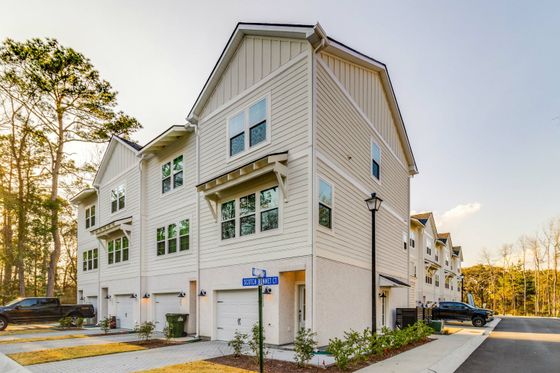 Charming townhouse community with modern architecture, featuring multi-story units and scenic surroundings.