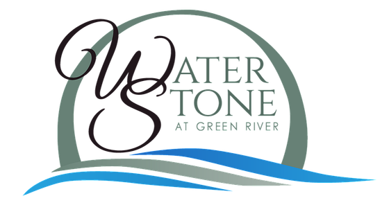 Elegant logo of Waterstone at Green River showcasing stylized text with flowing blue and green wave elements.