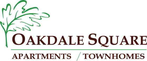 Elegant Oakdale Square logo featuring a stylized green oak leaf, representing luxury apartments and townhomes.