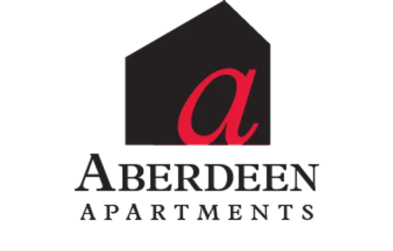 Modern logo for Aberdeen Apartments featuring a bold red 'a' on a sleek black house silhouette.