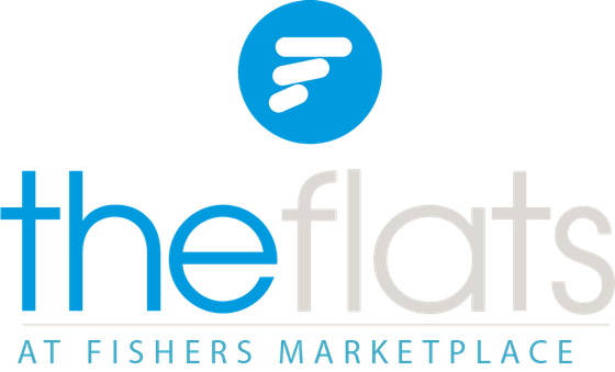 Modern logo for The Flats at Fishers Marketplace, featuring a sleek blue and white design.