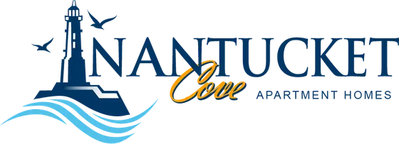 Elegant Nantucket Cove Apartment Homes logo featuring a lighthouse and seagulls, symbolizing coastal charm and serene living.