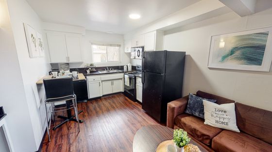 Charming kitchen and cozy living area featuring sleek appliances, elegant white cabinets, and stylish decor, perfect for comfortable modern living.