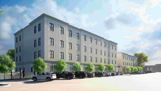 Modern apartment building exterior with sleek design, large windows, and vibrant urban setting.