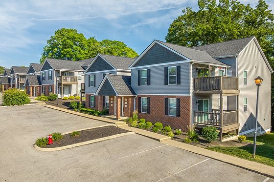 Charming apartment complex with modern design, lush landscaping, and ample parking under a clear blue sky.