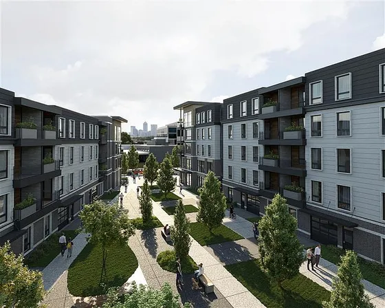 Modern urban apartment complex with lush green courtyard, featuring stylish balconies and a welcoming community space.