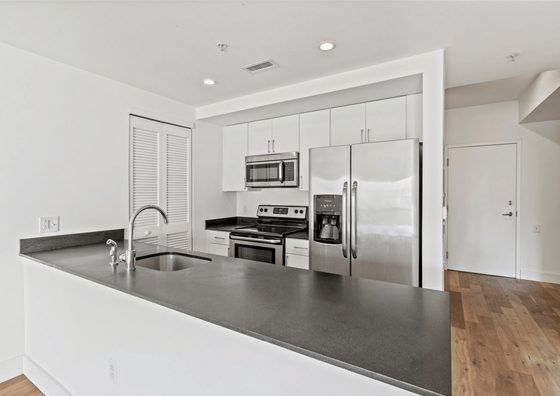 Contemporary kitchen with stainless steel appliances and elegant black countertops.