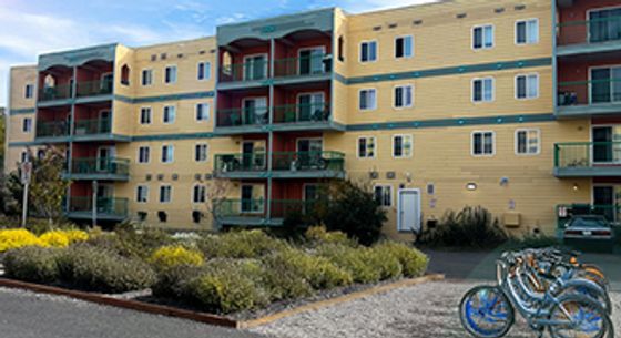 Vibrant apartment building with colorful balconies, lush landscaping, and convenient bicycle parking.