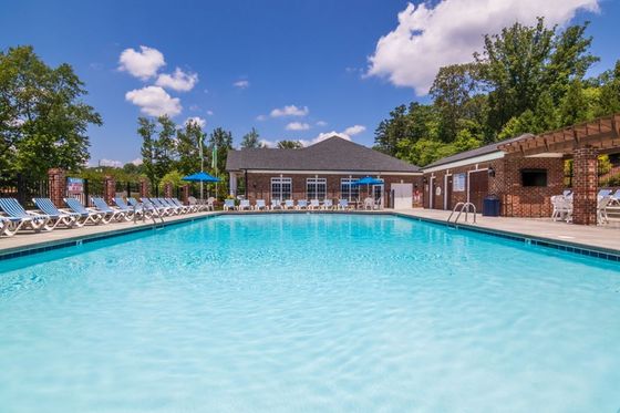Inviting outdoor pool area with sun loungers and umbrellas, surrounded by lush greenery and a stylish pool house.