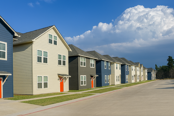 Charming row of modern townhouses with colorful doors and lush greenery under a vibrant blue sky.