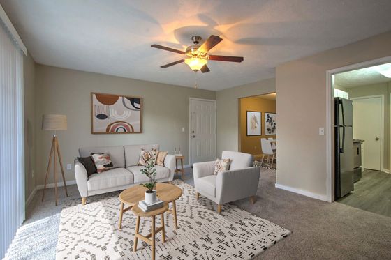 Charming living room with stylish decor, plush carpet, and a cozy seating area enhanced by natural light.