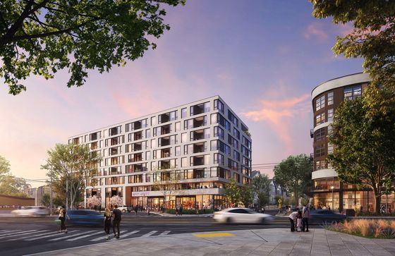 Modern urban apartment building at sunset, featuring large windows and a lively streetscape with people and greenery.