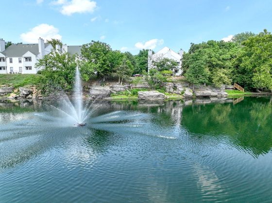Idyllic apartment community with a stunning lake view, featuring a beautiful fountain and lush greenery.