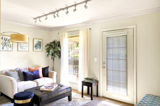 Bright and inviting living room with elegant decor, featuring a cream sofa adorned with colorful cushions, large windows with sheer curtains, and stylish artwork on the walls.
