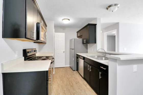 Modern kitchen featuring sleek dark cabinets, stainless steel appliances, and a bright open layout with ample counter space.