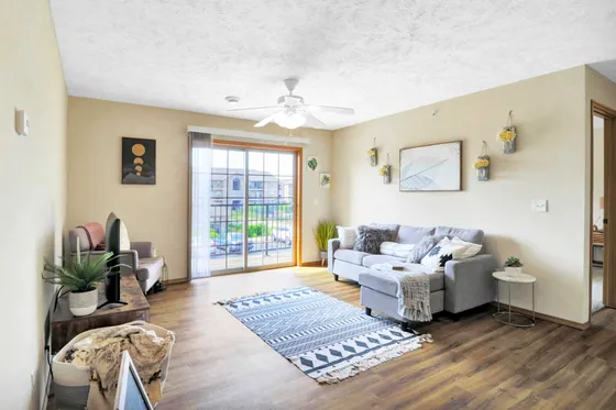 Bright and modern living room with stylish decor, featuring a cozy gray sofa, elegant artwork, and sliding glass doors leading to a scenic balcony view.