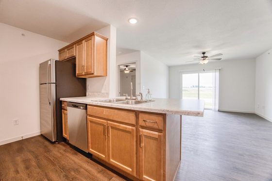 Modern open-concept kitchen with wood cabinets, sleek stainless steel appliances, and a bright living area with large sliding doors.